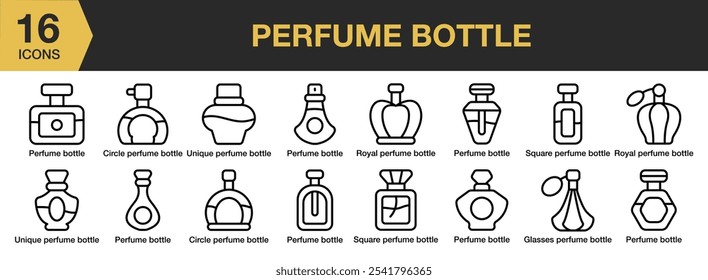 Perfume Bottle ícone definido. Inclui perfume garrafa linha ícones e Mais. Contornar coleção de vetores de ícones.