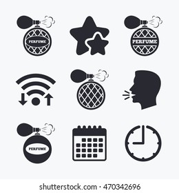 Perfume bottle icons. Glamour fragrance sign symbols. Wifi internet, favorite stars, calendar and clock. Talking head. Vector