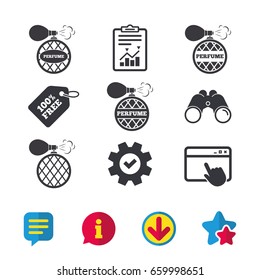 Perfume bottle icons. Glamour fragrance sign symbols. Browser window, Report and Service signs. Binoculars, Information and Download icons. Stars and Chat. Vector