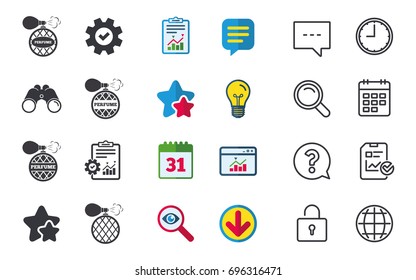 Perfume bottle icons. Glamour fragrance sign symbols. Chat, Report and Calendar signs. Stars, Statistics and Download icons. Question, Clock and Globe. Vector