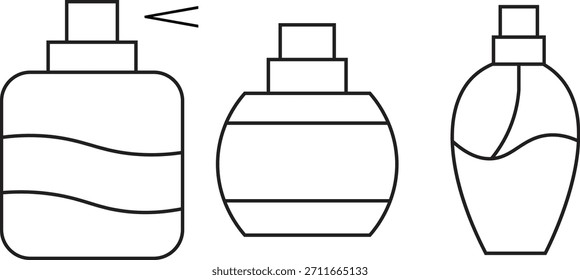 Iconos de la botella de perfume fijados con diversos diseños del aerosol para la fragancia y el empaquetado cosmético aislados en fondo transparente.