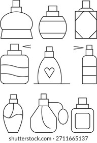 Iconos de la botella de perfume fijados con diversos diseños del aerosol para la fragancia y el empaquetado cosmético aislados en fondo transparente.
