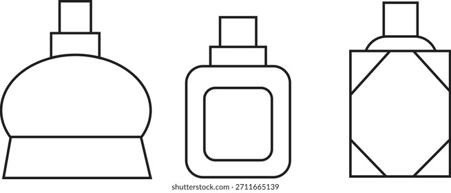 Iconos de la botella de perfume fijados con diversos diseños del aerosol para la fragancia y el empaquetado cosmético aislados en fondo transparente.