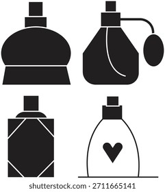 Iconos de la botella de perfume fijados con diversos diseños del aerosol para la fragancia y el empaquetado cosmético aislados en fondo transparente.