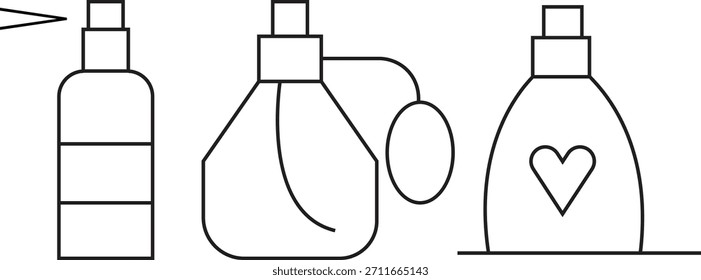 Iconos de la botella de perfume fijados con diversos diseños del aerosol para la fragancia y el empaquetado cosmético aislados en fondo transparente.