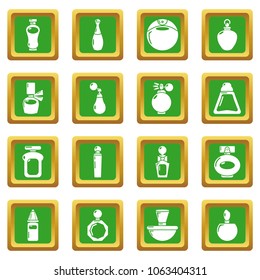Perfume bottle icons set vector green square isolated on white background 