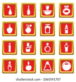 Perfume bottle icons set vector red square isolated on white background 
