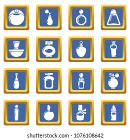 Perfume bottle icons set vector blue square isolated on white background 
