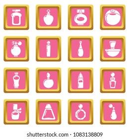 Perfume bottle icons set vector pink square isolated on white background 