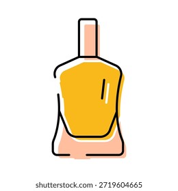 Parfümflasche Illustration mit einem einfachen ikonischen Design, mit schwarzen Umrissen, gelber Flüssigkeit und einer subtilen rosa Basis, die Konzepte von Duft und Schönheit vermittelt