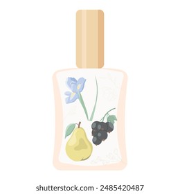 Perfume bottle, isolate on white, muted colors, flat style, pear, currant, iris flower