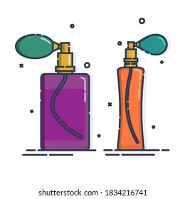 Icono de aislamiento de botella Perfume sobre fondo blanco. Dos vidrio o plástico del recipiente de glamour. Diseño de estilo plano. Sistema de pulverización. El negocio cosmético femenino. Objeto de esquema gráfico. Vector.
