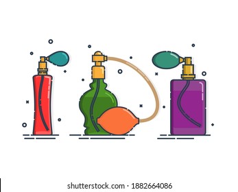 Perfume bottle isolated icon on white background. Three glamour container glass or plastic. Flat style design. Spray system. Female cosmetic business. Graphic outline object. Vector.
