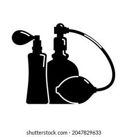 Icono de aislamiento de botella Perfume sobre fondo blanco. Dos vidrio o plástico del recipiente de glamour. Estilo plano. Sistema de pulverización. Diseño de ilustración en forma de silueta negra con líneas blancas finas. Vector.