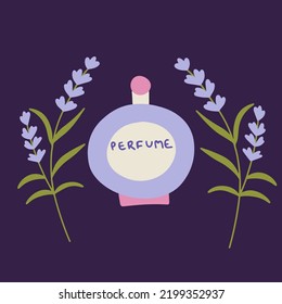 Perfume bottle, lavender scent. Blossoming lavender. Flat vector illustration, hand drawn style.