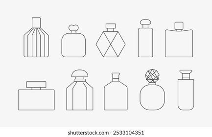 Conjunto de iconos de línea de botella de perfume. Esencia de agua del inodoro de las mujeres. Ilustración vectorial