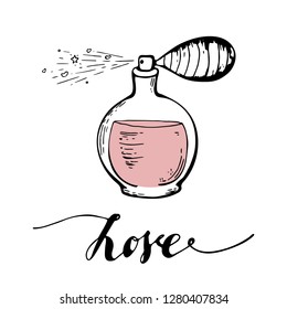 Perfume bottle logotype. Isolated badge of perfume on white background. emblem. Vector label. Cards for t-shirt, greeting card for Valentine's Day, perfume store advertising, perfume shop, icon