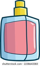 Perfume bottle made from glass filled with pink liquid essence cartoon illustration.