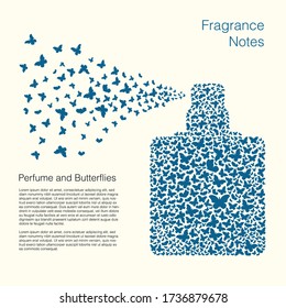 Perfume bottle of many butterflies. Spray from a perfume bottle in the form of a cloud of butterflies. Concept for perfume shop.