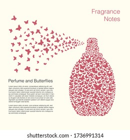 Perfume bottle of many butterflies. Spray from a perfume bottle in the form of a cloud of butterflies. Concept for perfume shop.