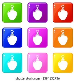 Perfume bottle merchandise icons set 9 color collection isolated on white for any design