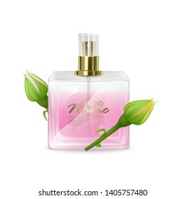 Perfume bottle mockup on white background, Cosmetic glass bottle with the scent of roses in 3d illustration for design use, Vector EPS 10 illustration
