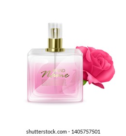 Perfume bottle mockup on white background, Cosmetic glass bottle with the scent of roses in 3d illustration for design use, Vector EPS 10 illustration
