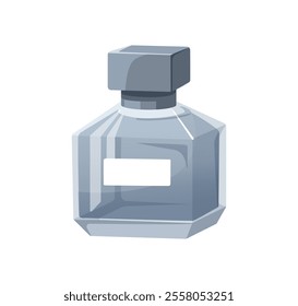 Perfume bottle, odor in jar. Scent, fragrance in flask, vial. Toilet water, parfum product in package with label. Eau de toilette, perfumery. Flat vector illustration isolated on white background