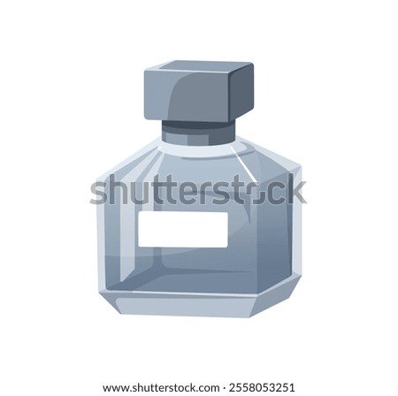 Perfume bottle, odor in jar. Scent, fragrance in flask, vial. Toilet water, parfum product in package with label. Eau de toilette, perfumery. Flat vector illustration isolated on white background