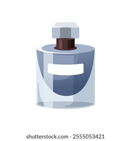 Perfume bottle. Odor, rich fragrance in chic glass flask. Classy toilet water, scent, aromatic product in jar with label. Eau de toilette. Flat vector illustration isolated on white background