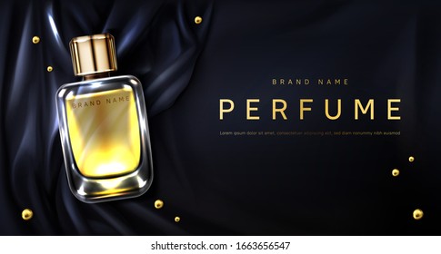 Perfume bottle on black silk folded fabric background. Glass flask with gold liquid and scattered pearls. Scent fragrance package design mockup, beauty cosmetic banner Realistic 3d vector illustration