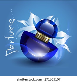 perfume bottle on a blue background behind the flower