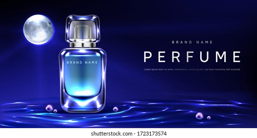 Perfume bottle on night water surface background with full moon and pearls. Glass flask packaging design mock up. Realistic 3d vector scent fragrance cosmetic beauty product, promo ad banner or poster