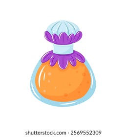 Perfume bottle with a orange liquid and purple petals in cartoon style. Perfect for beauty, fragrance or cosmetic related design. Vector illustration isolated on a white background.