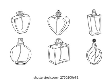 Perfume Bottle Outline Set Black and White Cosmetic Illustration.