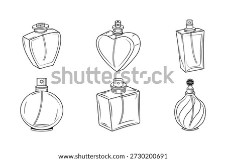 Perfume Bottle Outline Set Black and White Cosmetic Illustration.
