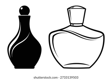 Perfume bottle outline and silhouette vector illustration. Elegant beauty product design elements. Isolated graphics.