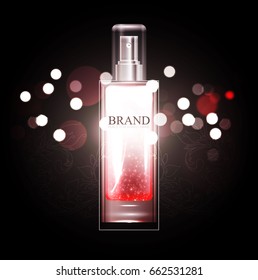 Perfume Bottle. Packaging Design with Light and Bokeh Effect. Vector illustration