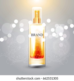 Perfume Bottle. Packaging Design with Light and Bokeh Effect. Vector illustration