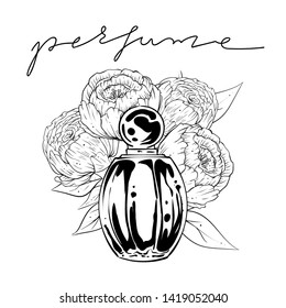 Perfume bottle with  peonies at background, vector