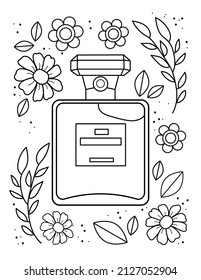 Perfume. Bottle of perfume. Perfumery. Beauty coloring book.  Coloring book for children and adults. Black and white vector illustration.