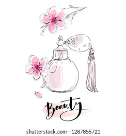 Perfume bottle with pink blossom flowers on white background hand drawn vector fashion illustration. 