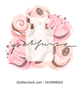 Perfume bottle with pink peonies at background, vector