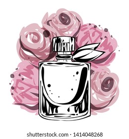 Perfume bottle with pink peonies at background, vector