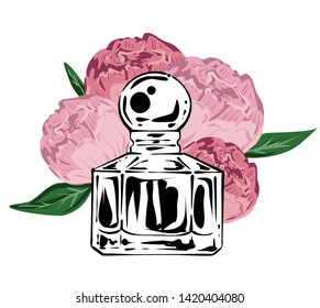 Perfume bottle with pink peonies at background, vector