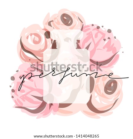 Perfume bottle with pink peonies at background, vector