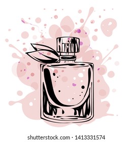 Perfume bottle with pink splashes at background, vector