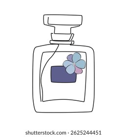 Botella de perfume con Ilustración vectorial de flor púrpura. Dibujo floral de una línea. Concepto de icono de moda. Fragancia spray arte minimalista.