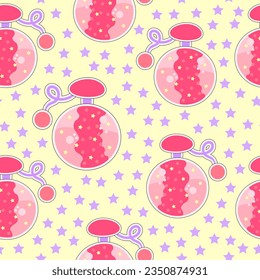 perfume bottle with purple stars seamless vector repeat pattern. Perfume bottle with stars and fragrance seamless vector pattern