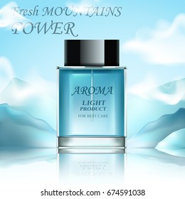 Botella perfume. Ilustración vectorial realista con mar y montañas.